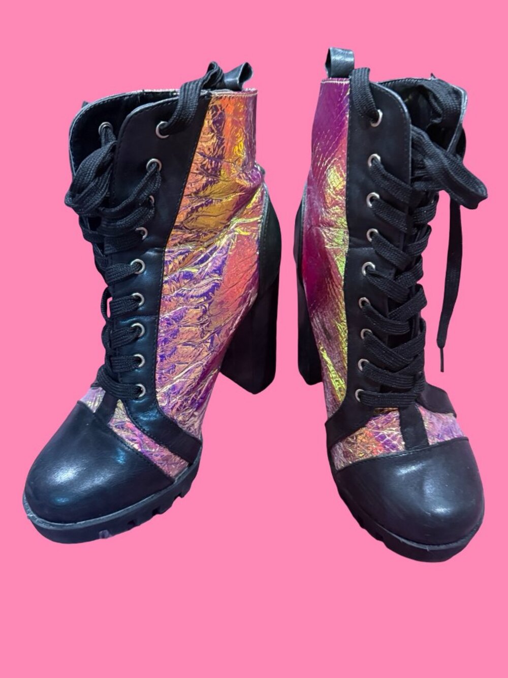 Fashion Nova Women Black Purple Iridescent Block Heel Combat Boots